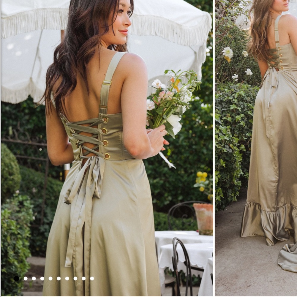 Show Me Your Mumu Bridesmaid Clarissa Corset Dress in Luxe Green Satin